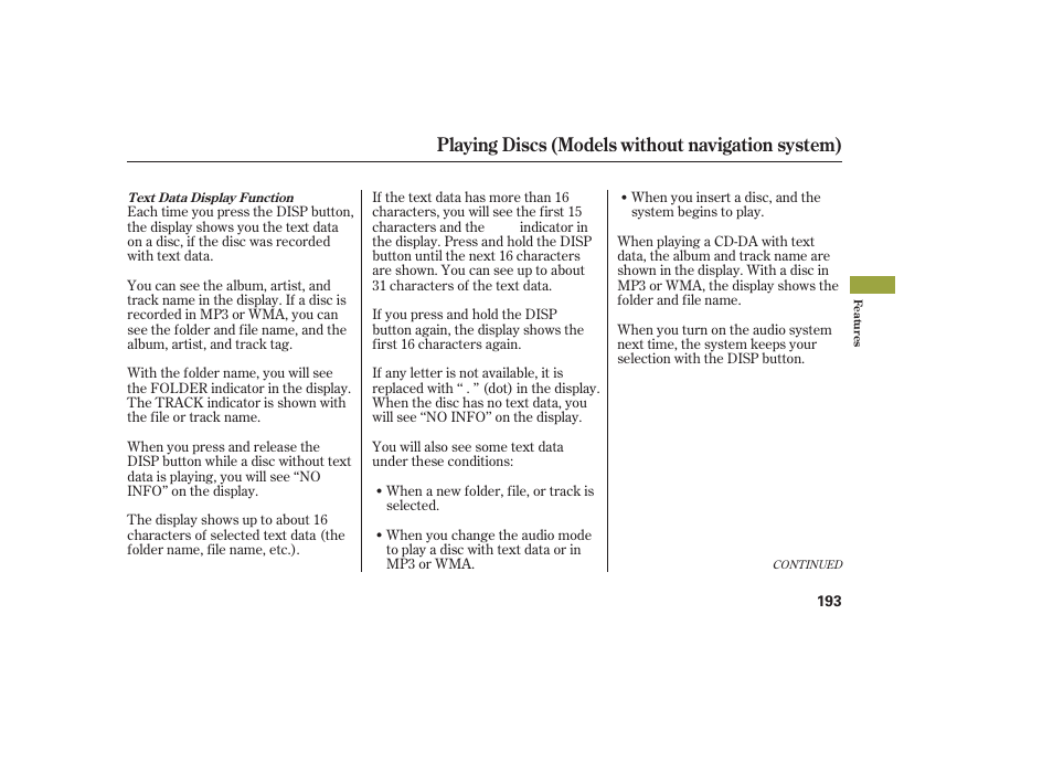 Playing discs (models without navigation system) | Acura 2008 MDX User Manual | Page 199 / 490