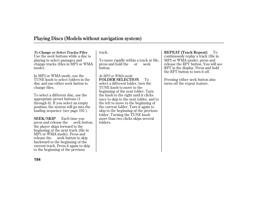 Playing discs (models without navigation system) | Acura 2008 MDX User Manual | Page 200 / 490