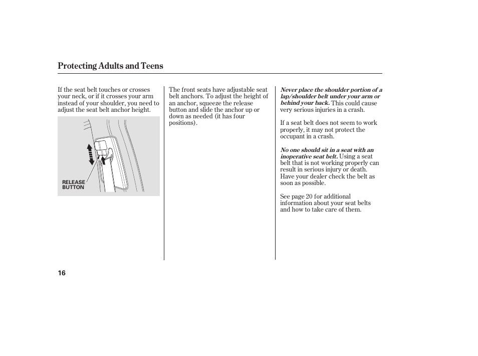 Protecting adults and teens | Acura 2008 MDX User Manual | Page 22 / 490