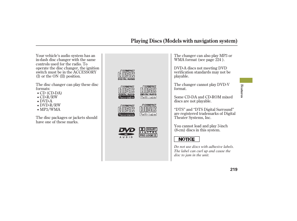 Playing discs (models with navigation system) | Acura 2008 MDX User Manual | Page 225 / 490