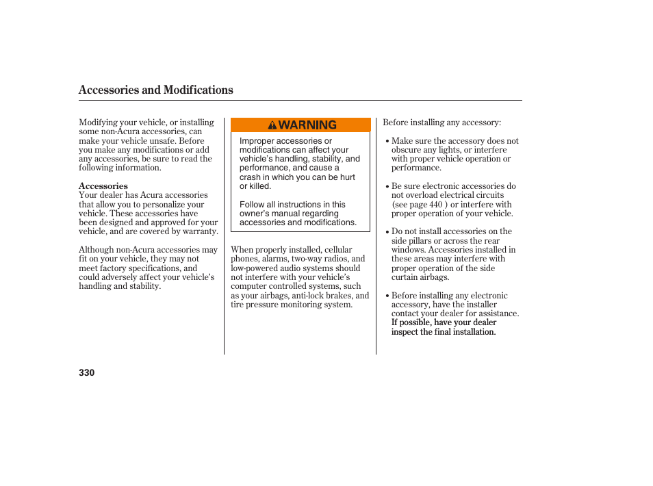 Accessories and modifications | Acura 2008 MDX User Manual | Page 336 / 490