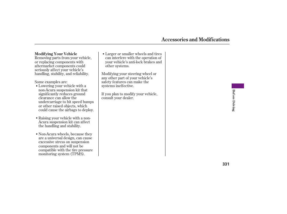 Accessories and modifications | Acura 2008 MDX User Manual | Page 337 / 490