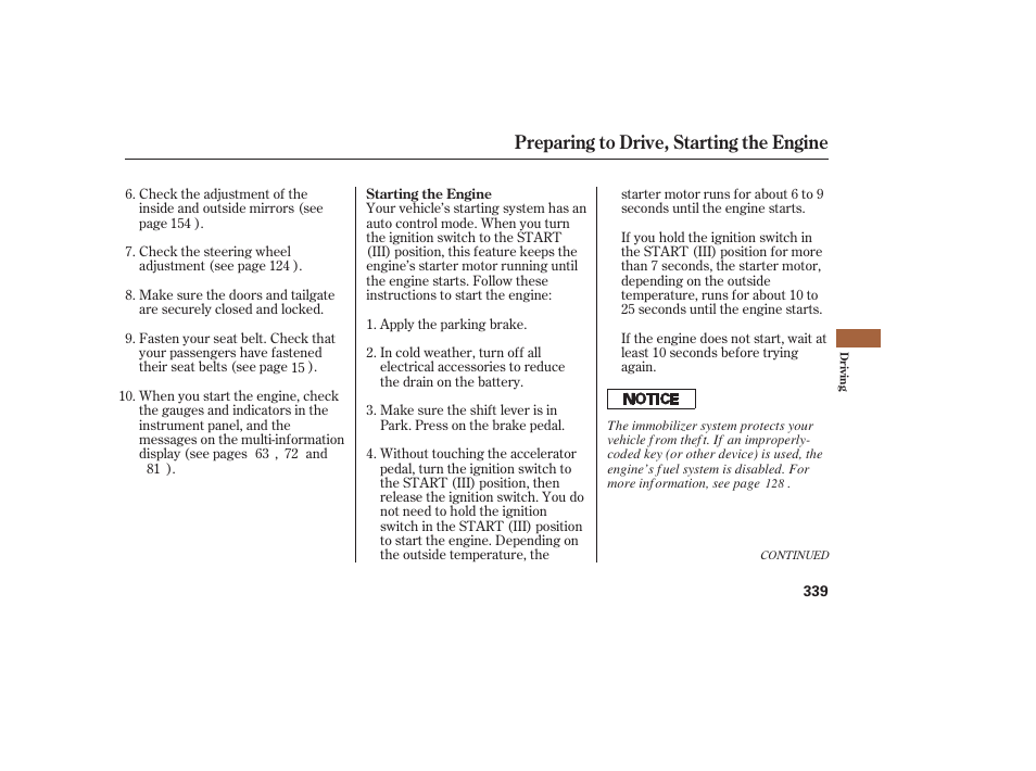 Preparing to drive, starting the engine | Acura 2008 MDX User Manual | Page 345 / 490