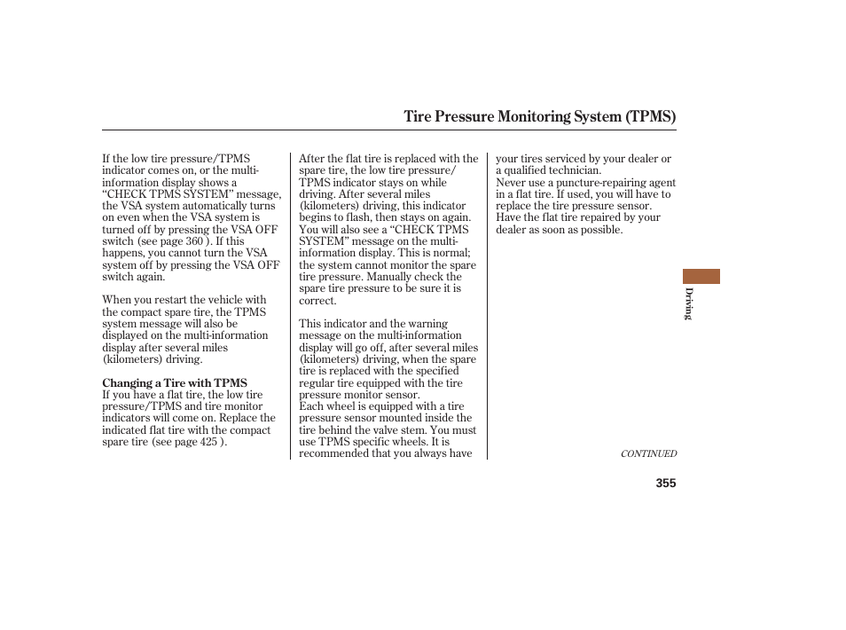 Tire pressure monitoring system (tpms) | Acura 2008 MDX User Manual | Page 361 / 490