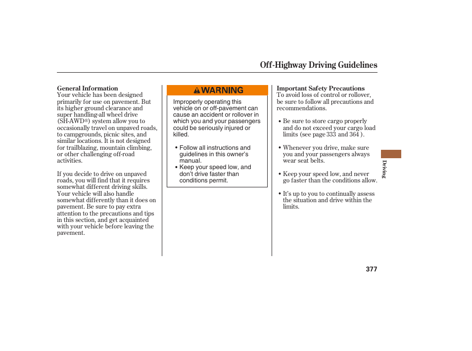 Off-highway driving guidelines | Acura 2008 MDX User Manual | Page 383 / 490