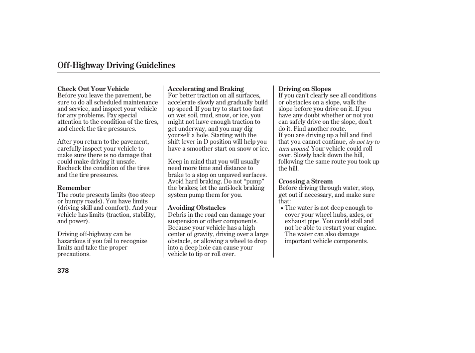 Off-highway driving guidelines | Acura 2008 MDX User Manual | Page 384 / 490