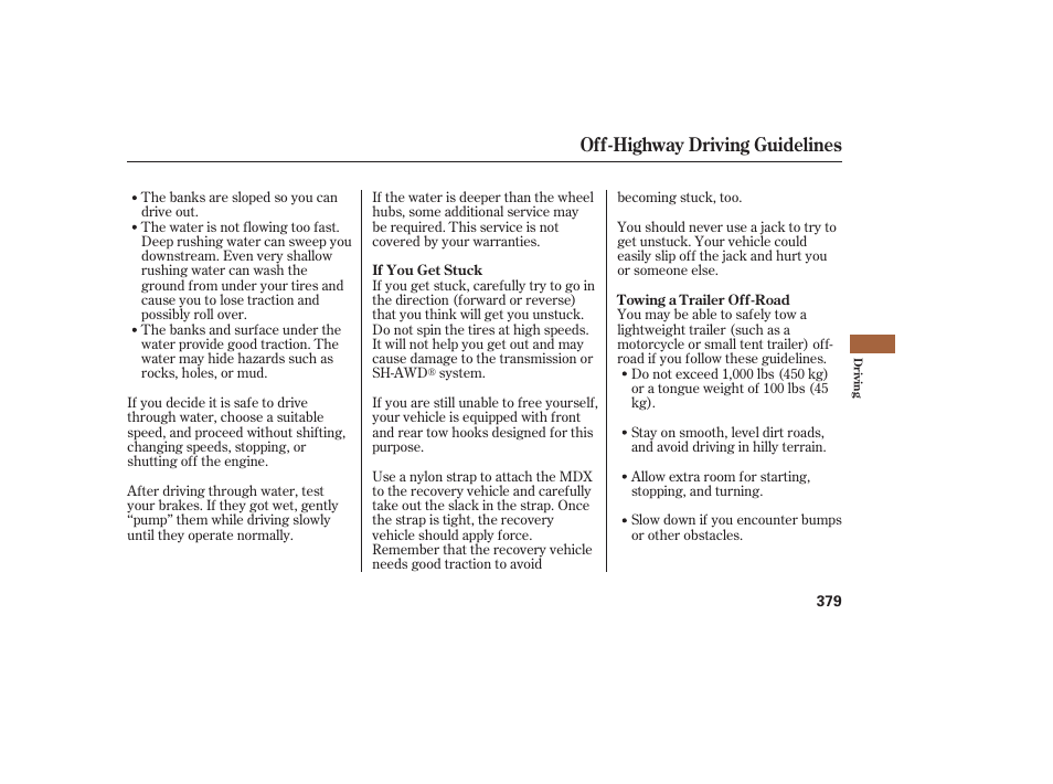 Off-highway driving guidelines | Acura 2008 MDX User Manual | Page 385 / 490