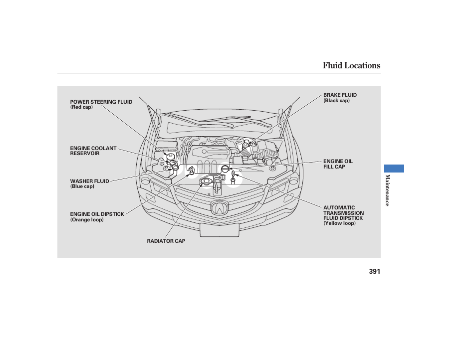 Fluid locations | Acura 2008 MDX User Manual | Page 397 / 490