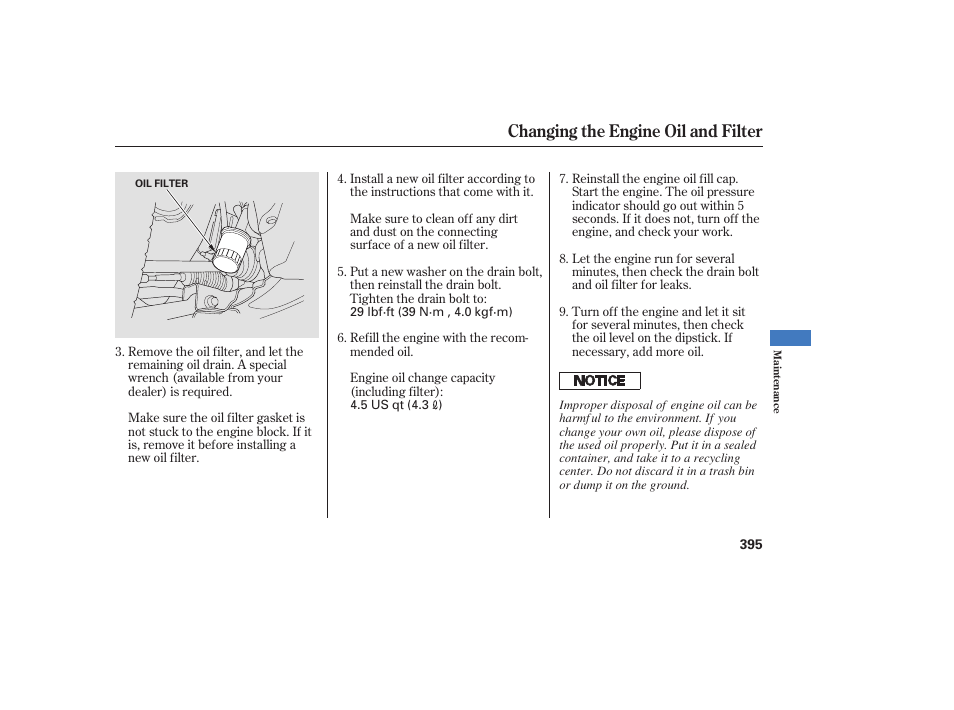 Changing the engine oil and filter | Acura 2008 MDX User Manual | Page 401 / 490