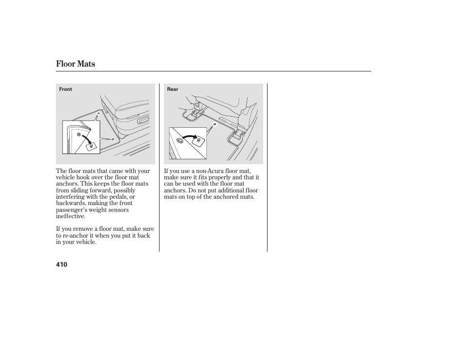 Floor mats | Acura 2008 MDX User Manual | Page 416 / 490