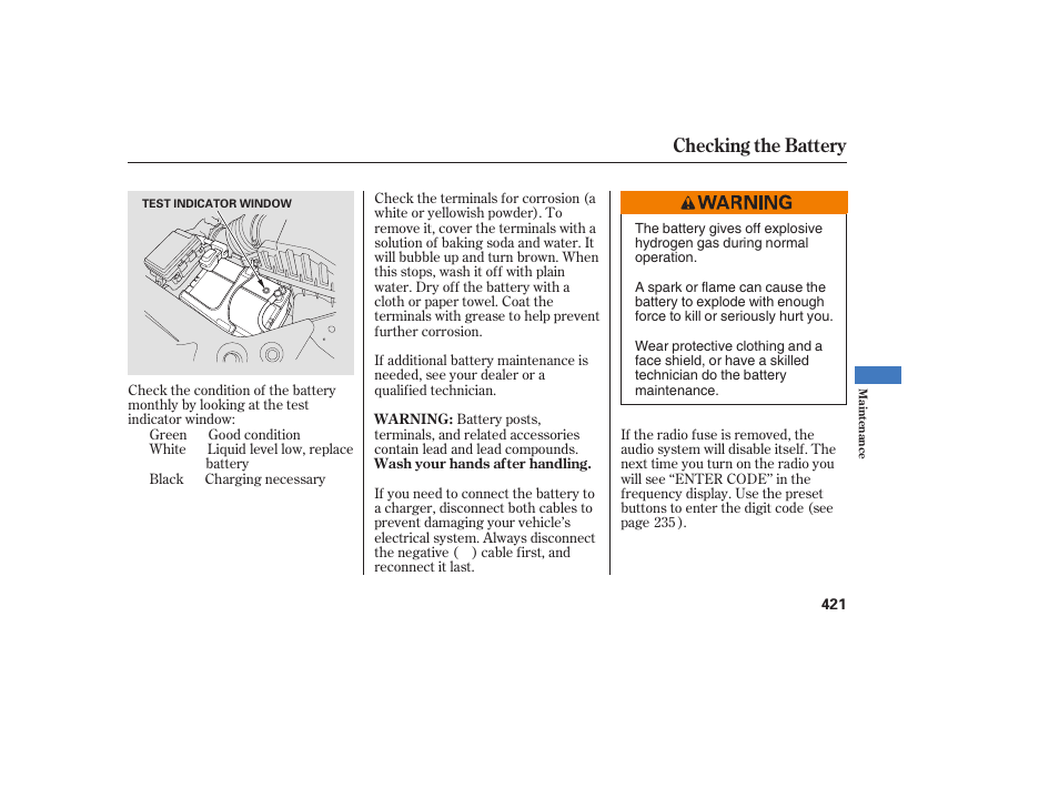 Checking the battery | Acura 2008 MDX User Manual | Page 427 / 490