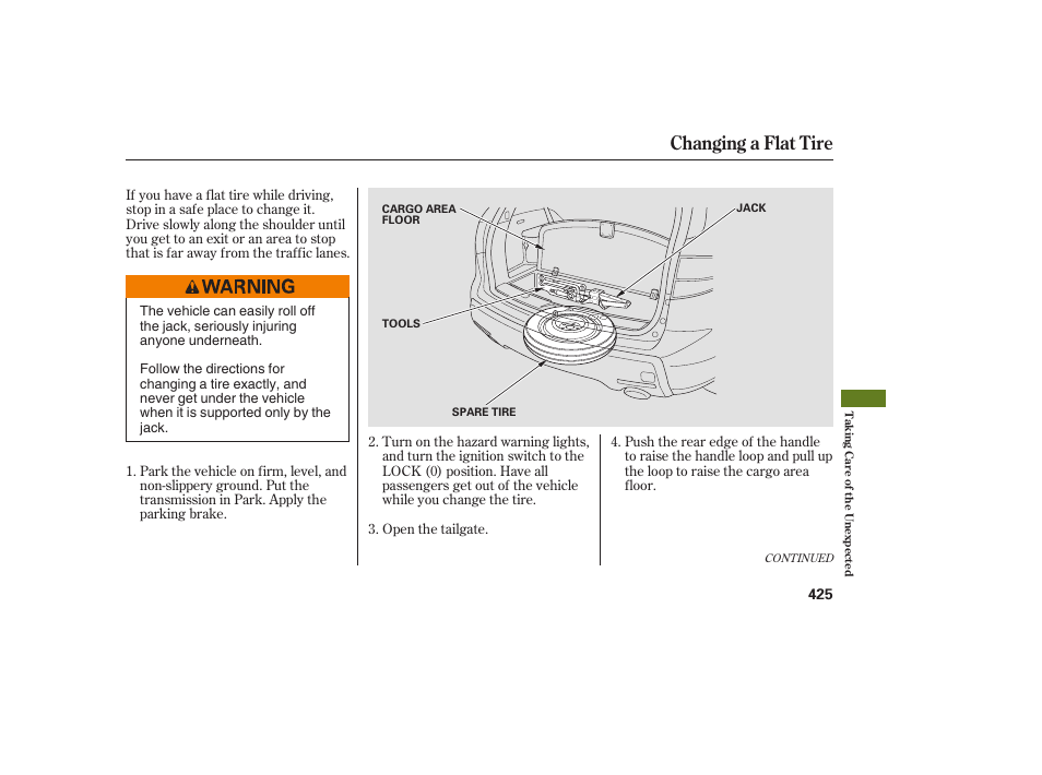 Changing a flat tire | Acura 2008 MDX User Manual | Page 431 / 490