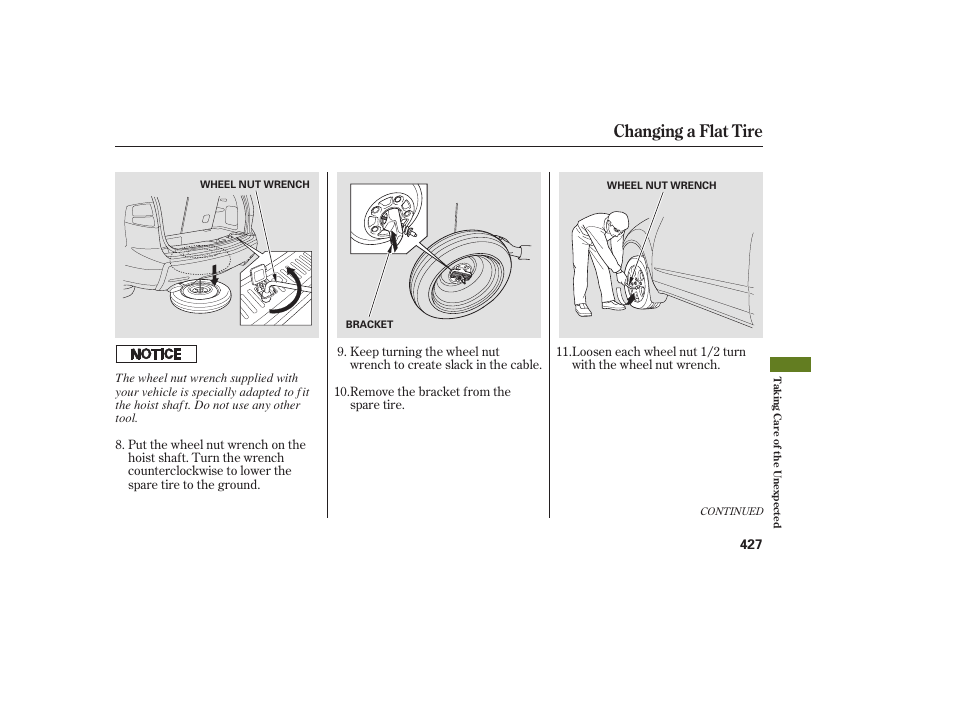 Changing a flat tire | Acura 2008 MDX User Manual | Page 433 / 490