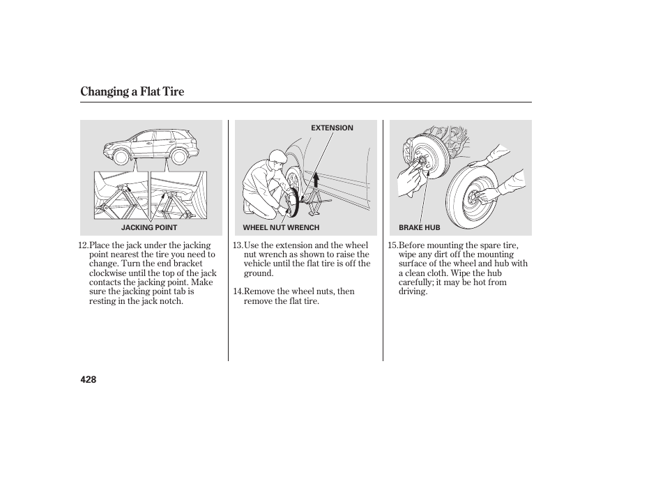 Changing a flat tire | Acura 2008 MDX User Manual | Page 434 / 490