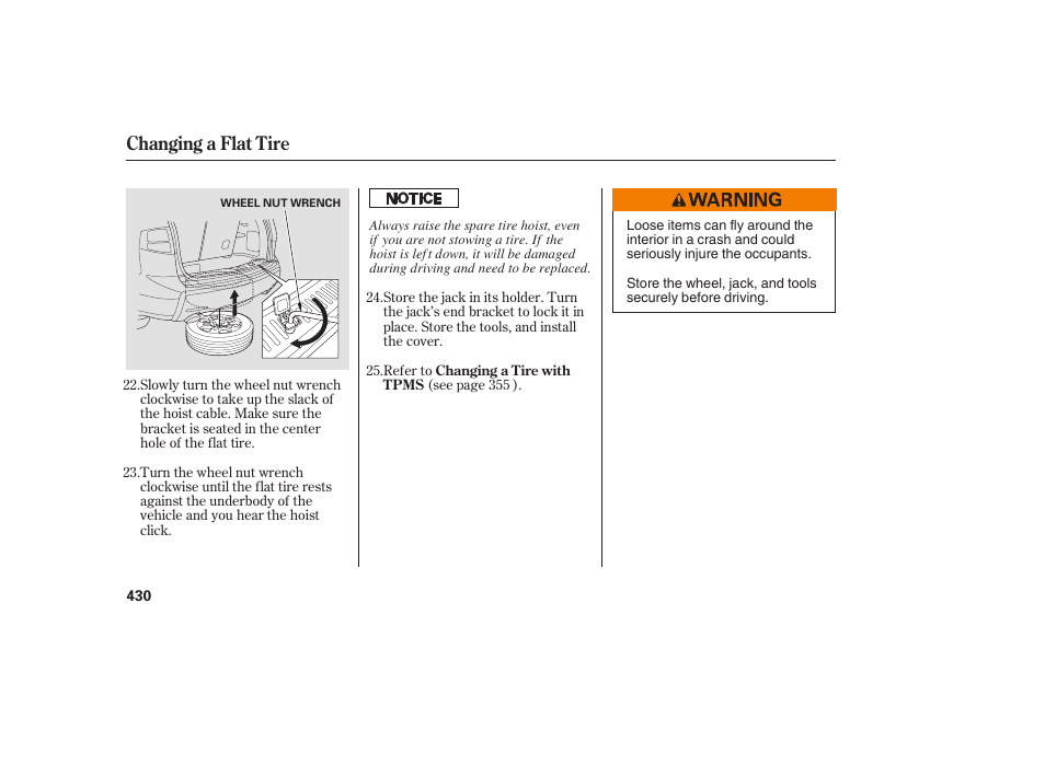 Changing a flat tire | Acura 2008 MDX User Manual | Page 436 / 490