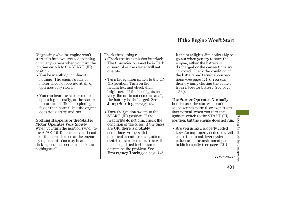 If the engine won t start | Acura 2008 MDX User Manual | Page 437 / 490