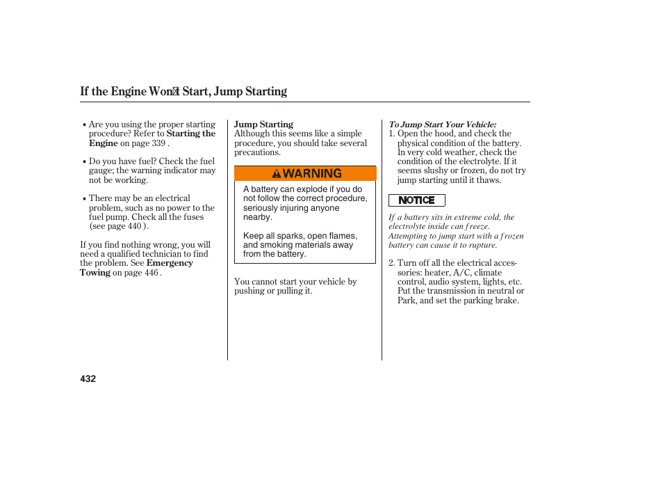 If the engine won t start, jump starting | Acura 2008 MDX User Manual | Page 438 / 490