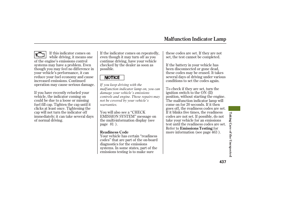 Malfunction indicator lamp | Acura 2008 MDX User Manual | Page 443 / 490