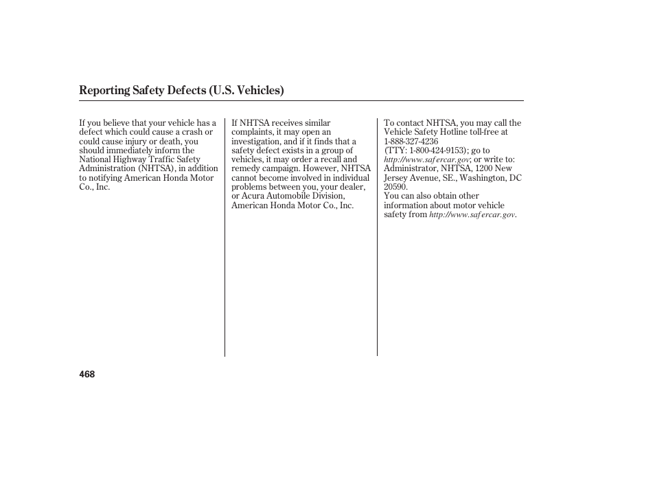 Reporting safety defects (u.s. vehicles) | Acura 2008 MDX User Manual | Page 474 / 490