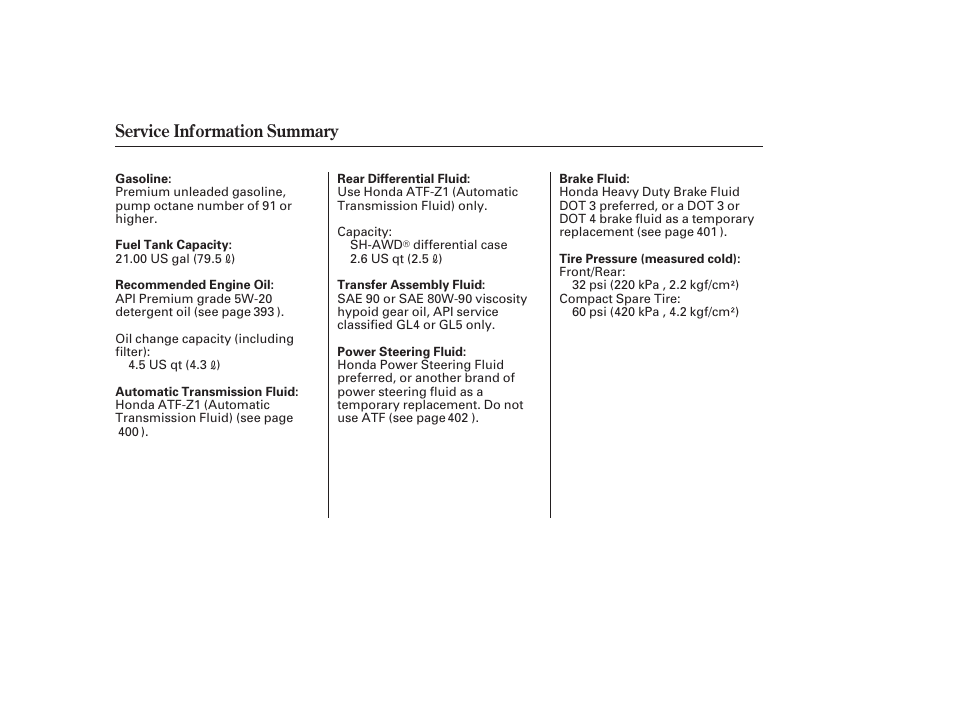 Service information summary | Acura 2008 MDX User Manual | Page 490 / 490