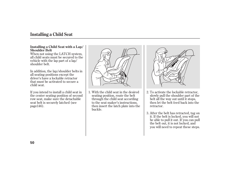 Installing a child seat | Acura 2008 MDX User Manual | Page 56 / 490