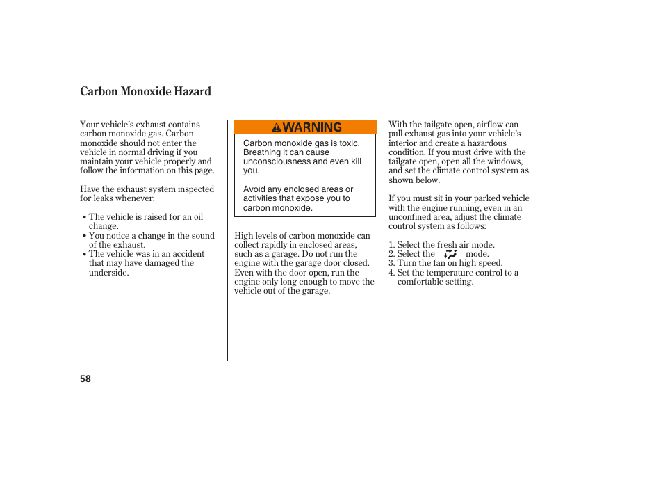 Carbon monoxide hazard | Acura 2008 MDX User Manual | Page 64 / 490