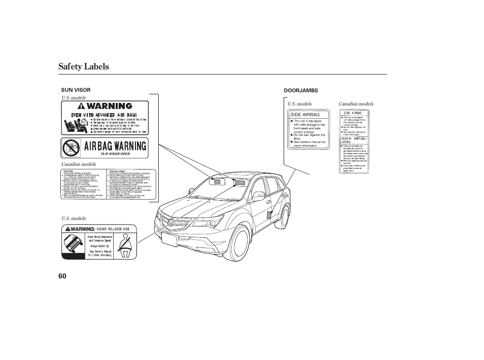 Safety labels | Acura 2008 MDX User Manual | Page 66 / 490