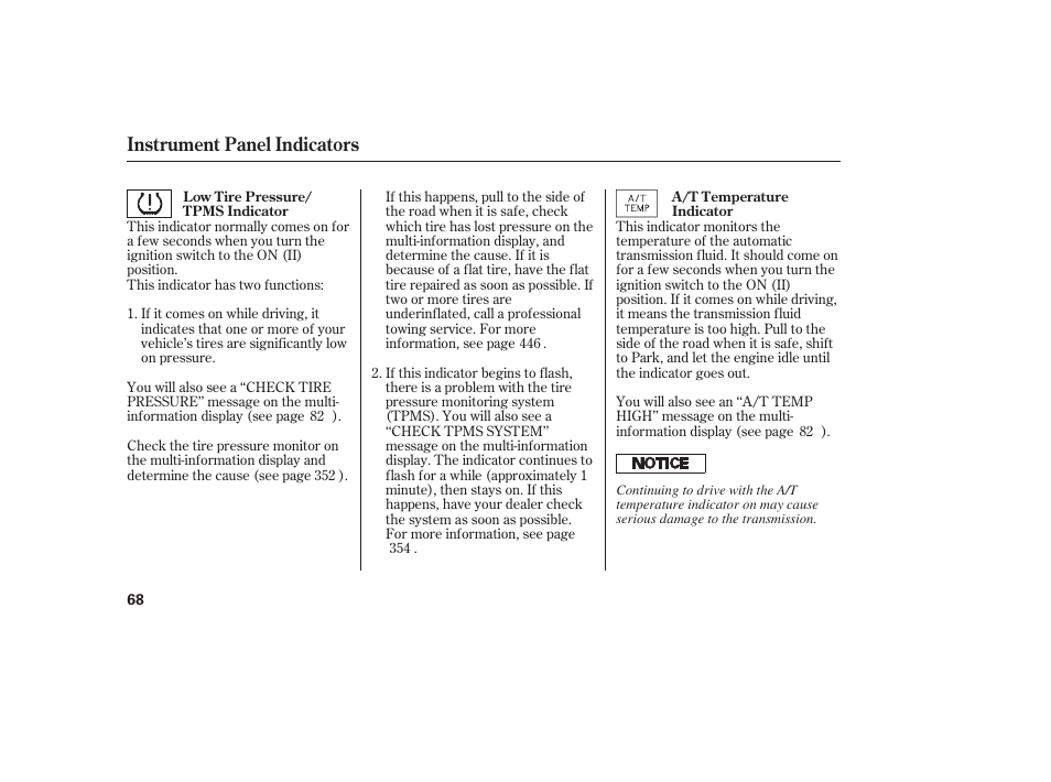 Instrument panel indicators | Acura 2008 MDX User Manual | Page 74 / 490
