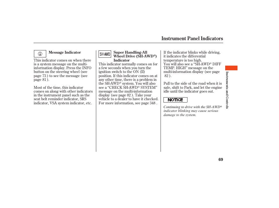 Instrument panel indicators | Acura 2008 MDX User Manual | Page 75 / 490