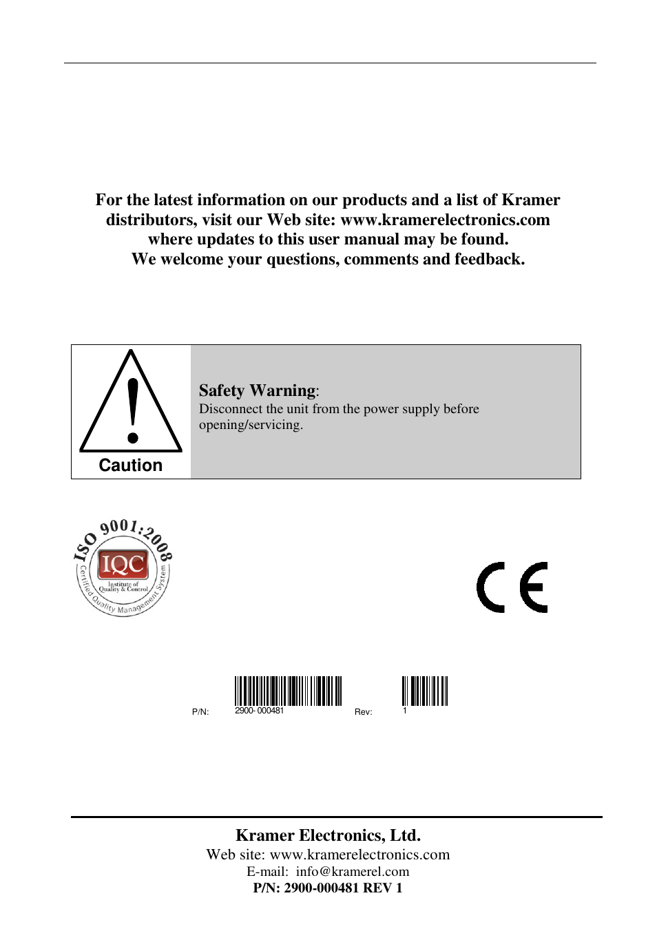 Kramer electronics, ltd, Caution, Safety warning | Kramer Electronics VP-222K User Manual | Page 10 / 10