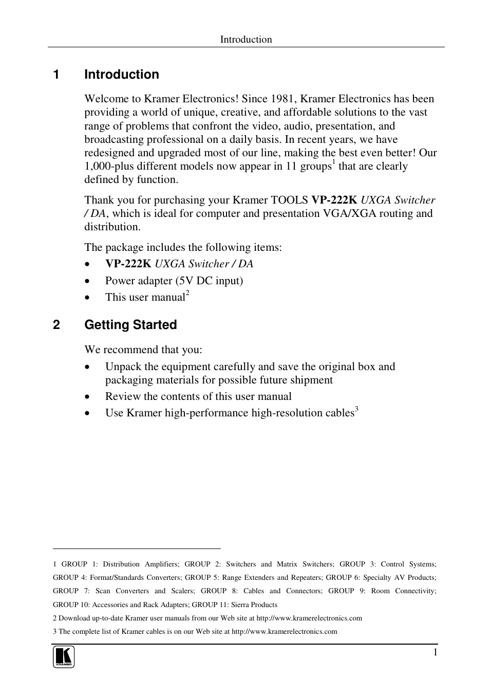 1introduction, 2getting started | Kramer Electronics VP-222K User Manual | Page 3 / 10
