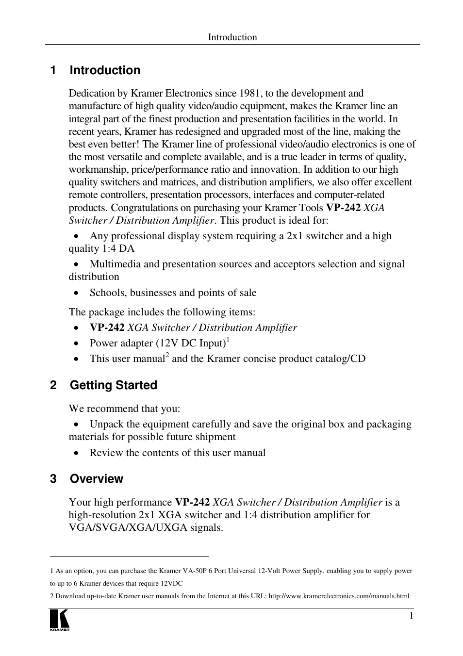 1 introduction, 2 getting started, 3 overview | Kramer Electronics VP-242 User Manual | Page 3 / 8