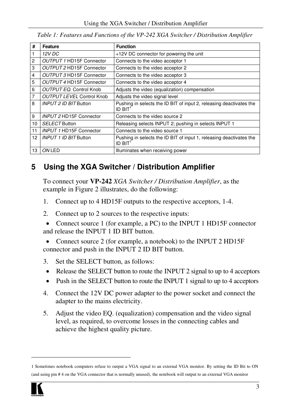 5 using the xga switcher / distribution amplifier | Kramer Electronics VP-242 User Manual | Page 5 / 8