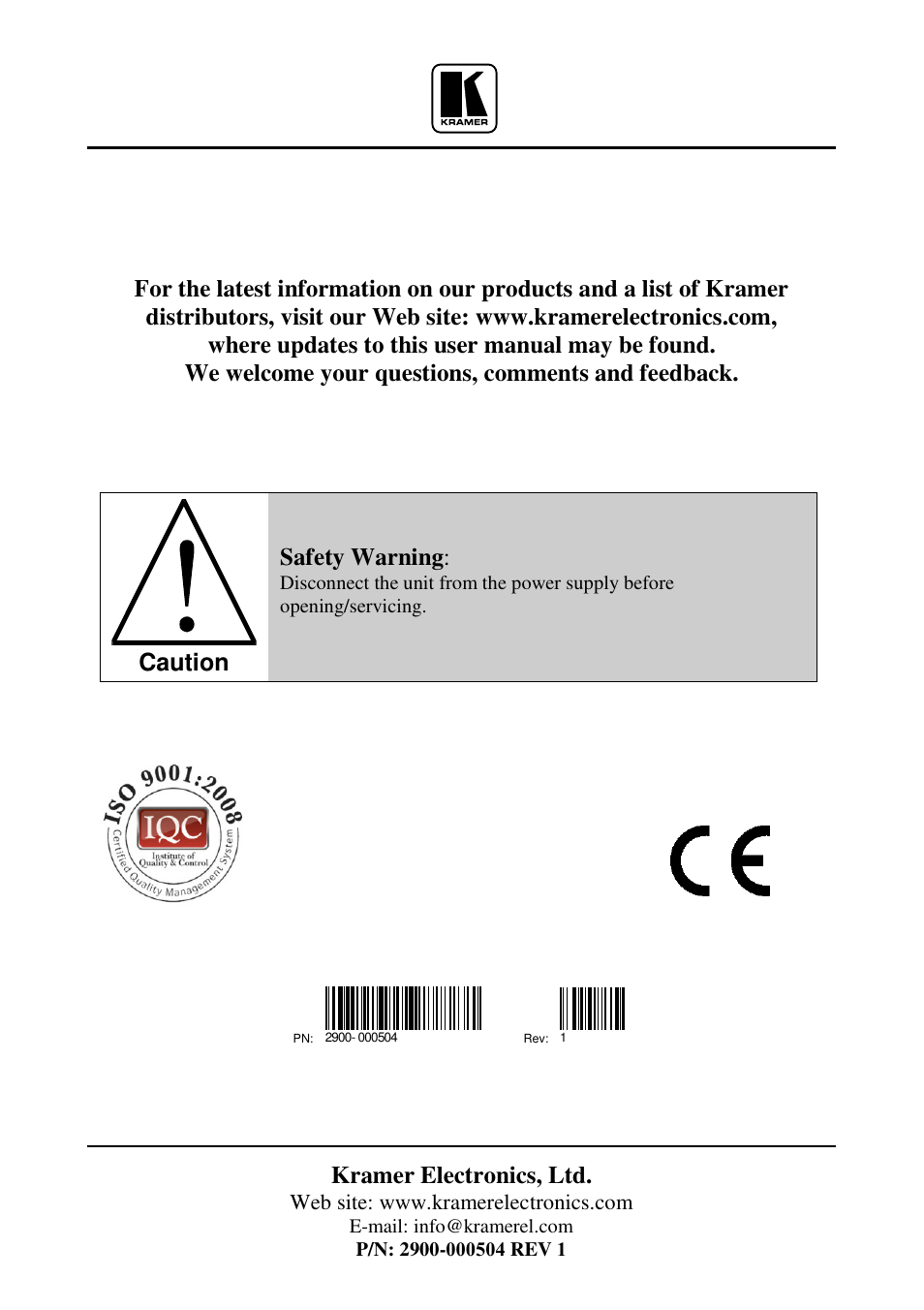 Kramer electronics, ltd, Caution, Safety warning | Kramer Electronics VP-32K User Manual | Page 13 / 13