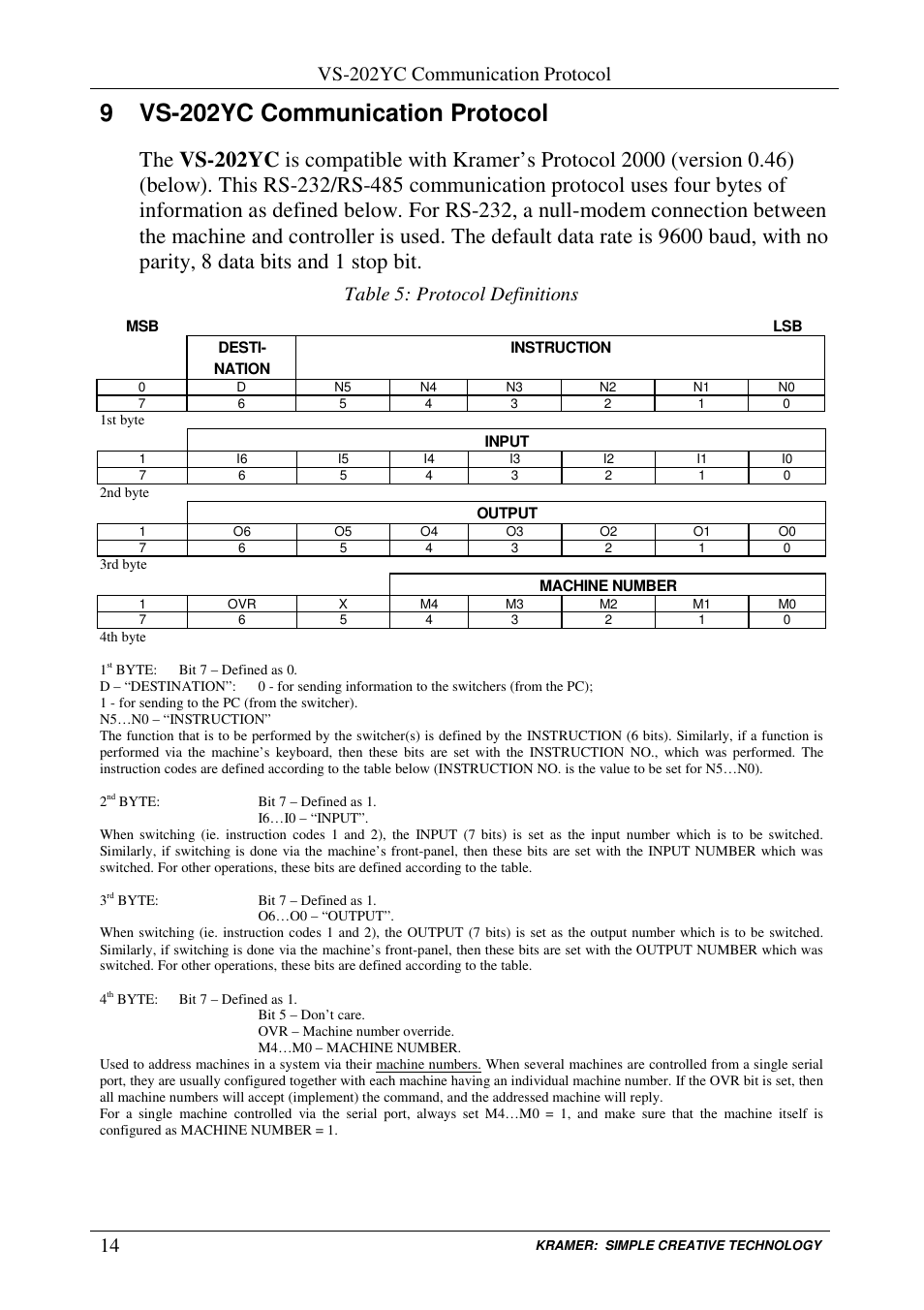 9 vs-202yc communication protocol, Vs-202yc communication protocol, Table 5: protocol definitions | Kramer Electronics VS-202YC User Manual | Page 16 / 23