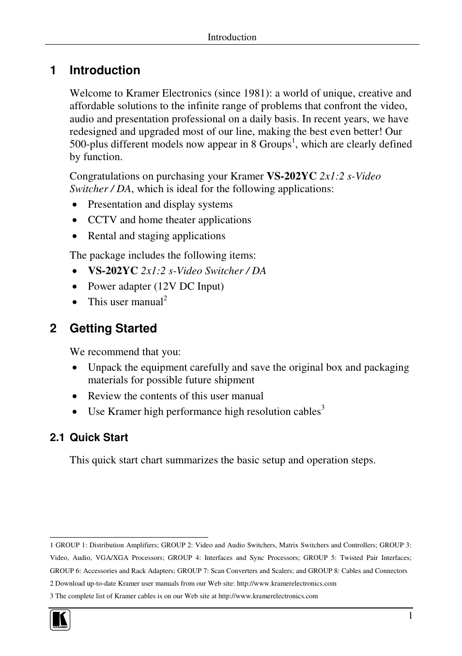 1 introduction, 2 getting started | Kramer Electronics VS-202YC User Manual | Page 3 / 23