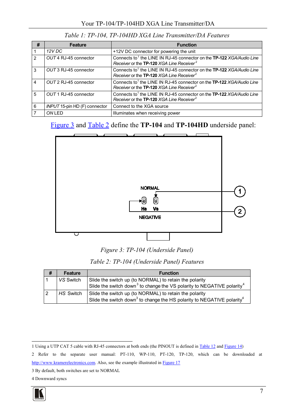 Figure 3: tp-104 (underside panel), Table 2: tp-104 (underside panel) features | Kramer Electronics TP-124 User Manual | Page 10 / 33