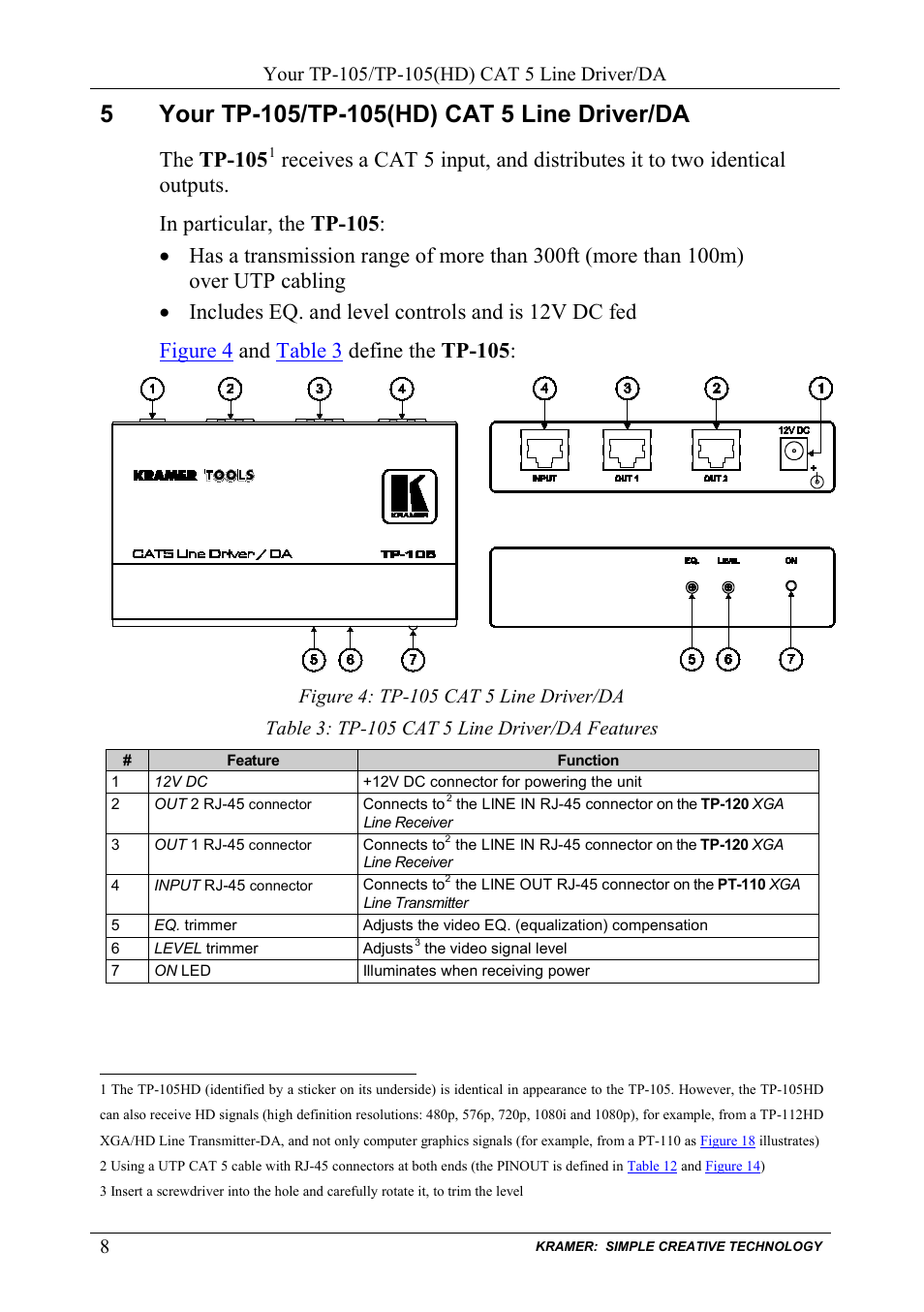 5 your tp-105/tp-105(hd) cat 5 line driver/da, Your tp-105/tp-105(hd) cat 5 line driver/da, Figure 4: tp-105 cat 5 line driver/da | Table 3: tp-105 cat 5 line driver/da features, The tp-105 | Kramer Electronics TP-124 User Manual | Page 11 / 33