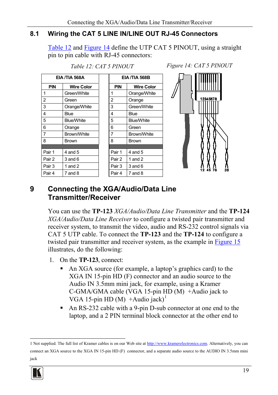 Wiring the cat 5 line in/line out rj-45 connectors, Figure 14: cat 5 pinout, Table 12: cat 5 pinout | Nout is defined in, Table 12, Figure 14 | Kramer Electronics TP-124 User Manual | Page 22 / 33