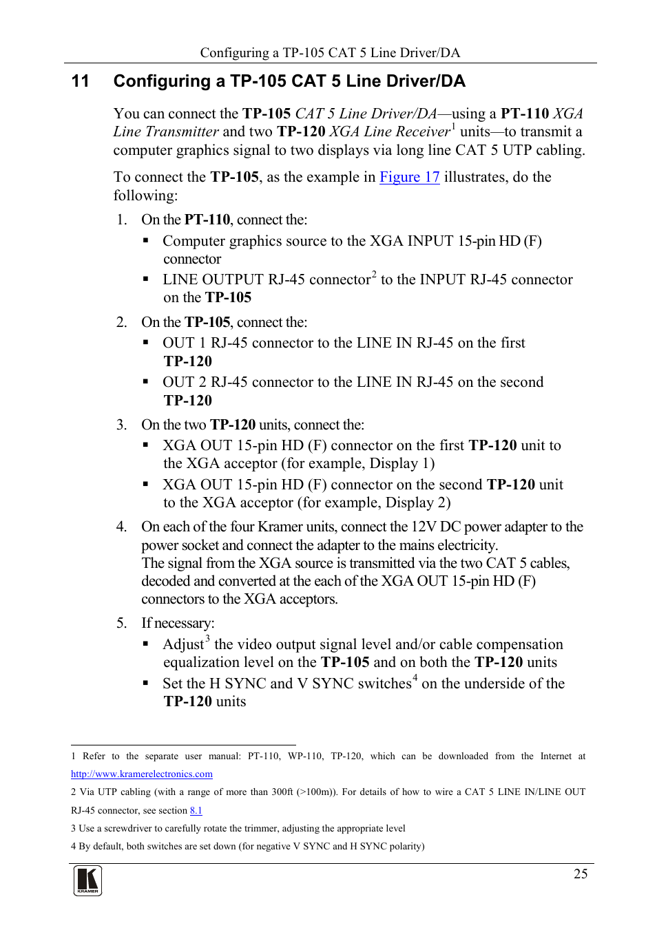 11 configuring a tp105 cat 5 line driver/da, Configuring a tp-105 cat 5 line driver/da | Kramer Electronics TP-124 User Manual | Page 28 / 33