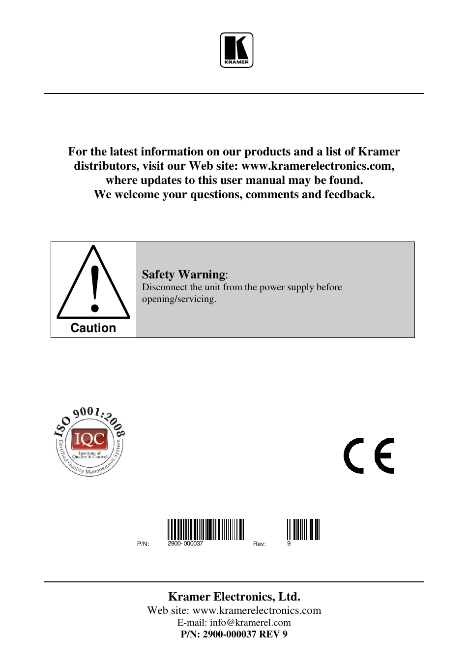 Kramer electronics, ltd, Caution, Safety warning | Kramer Electronics TP-124 User Manual | Page 33 / 33