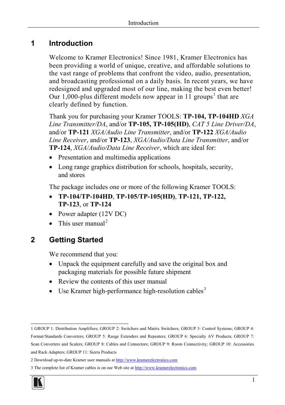 1 introduction, 2 getting started, Introduction | Getting started, 1introduction, 2getting started | Kramer Electronics TP-124 User Manual | Page 4 / 33