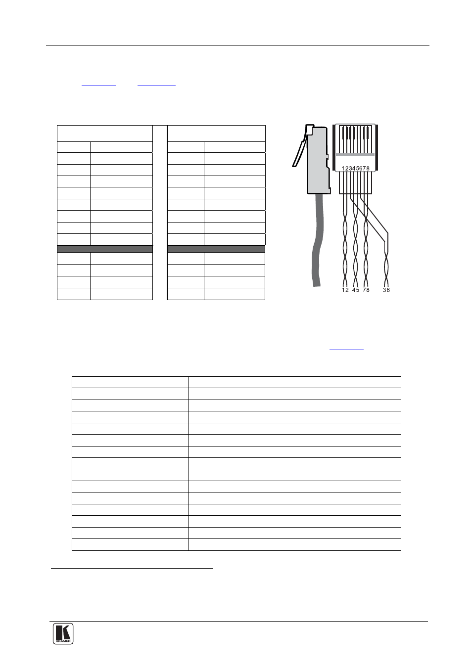 6 technical specifications, Wiring the cat 5 line in/line out rj-45 connectors, Technical specifications | Figure 6: cat 5 pinout, Table 3: cat 5 pinout, The tp-112hd technical specifications, Are shown in table 4, Table 3: cat 5 pinout figure 6: cat 5 pinout | Kramer Electronics TP-112HD User Manual | Page 11 / 13