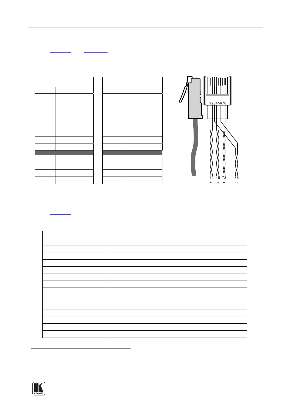 6 technical specifications, Technical specifications, Figure 4: cat 5 pinout | Table 3: cat 5 pinout, Table 4 incl udes the technical specifications, Of the tp-114, Table 3: cat 5 pinout figure 4: cat 5 pinout | Kramer Electronics TP-114 User Manual | Page 11 / 13