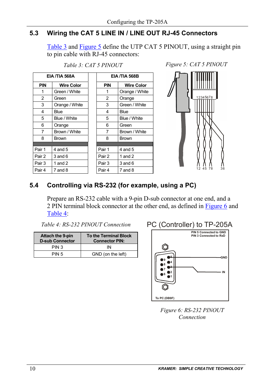 4 controlling via rs-232 (for example, using a pc), Controlling via rs-232 (for example, using a pc), Figure 5: cat 5 pinout | Figure 6: rs-232 pinout connection, Table 3: cat 5 pinout, Table 4: rs-232 pinout connection, Nout is defined in, Table 3, Figure 5, S defined in | Kramer Electronics TP-205A User Manual | Page 12 / 15