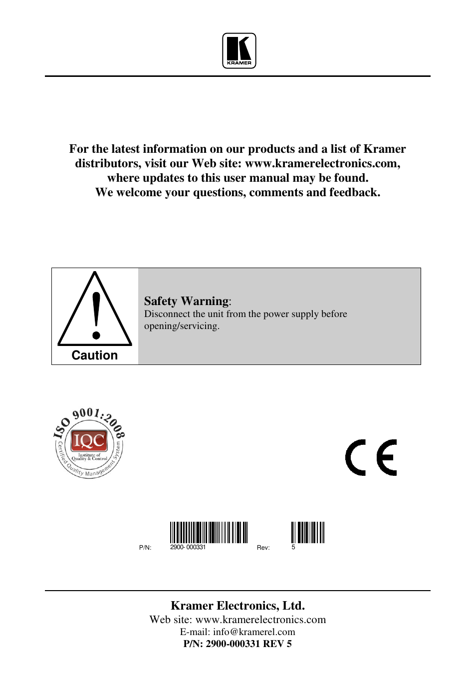 Kramer electronics, ltd, Caution, Safety warning | Kramer Electronics TP-205A User Manual | Page 15 / 15