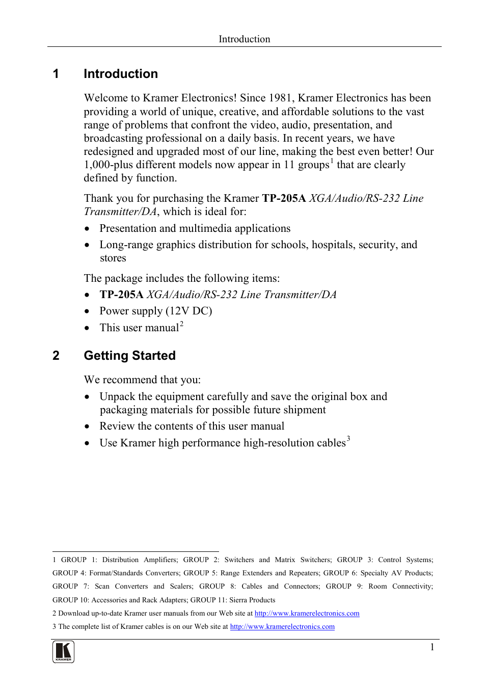 1 introduction, 2 getting started, Introduction | Getting started, 1introduction, 2getting started | Kramer Electronics TP-205A User Manual | Page 3 / 15