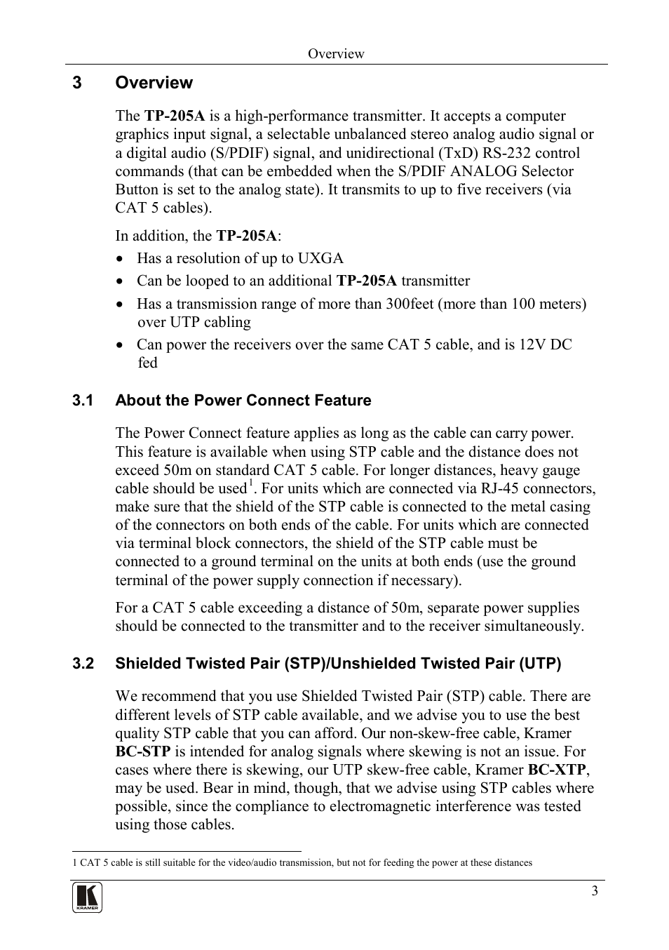 3 overview, 1 about the power connect feature, Overview | About the power connect feature, 3overview | Kramer Electronics TP-205A User Manual | Page 5 / 15