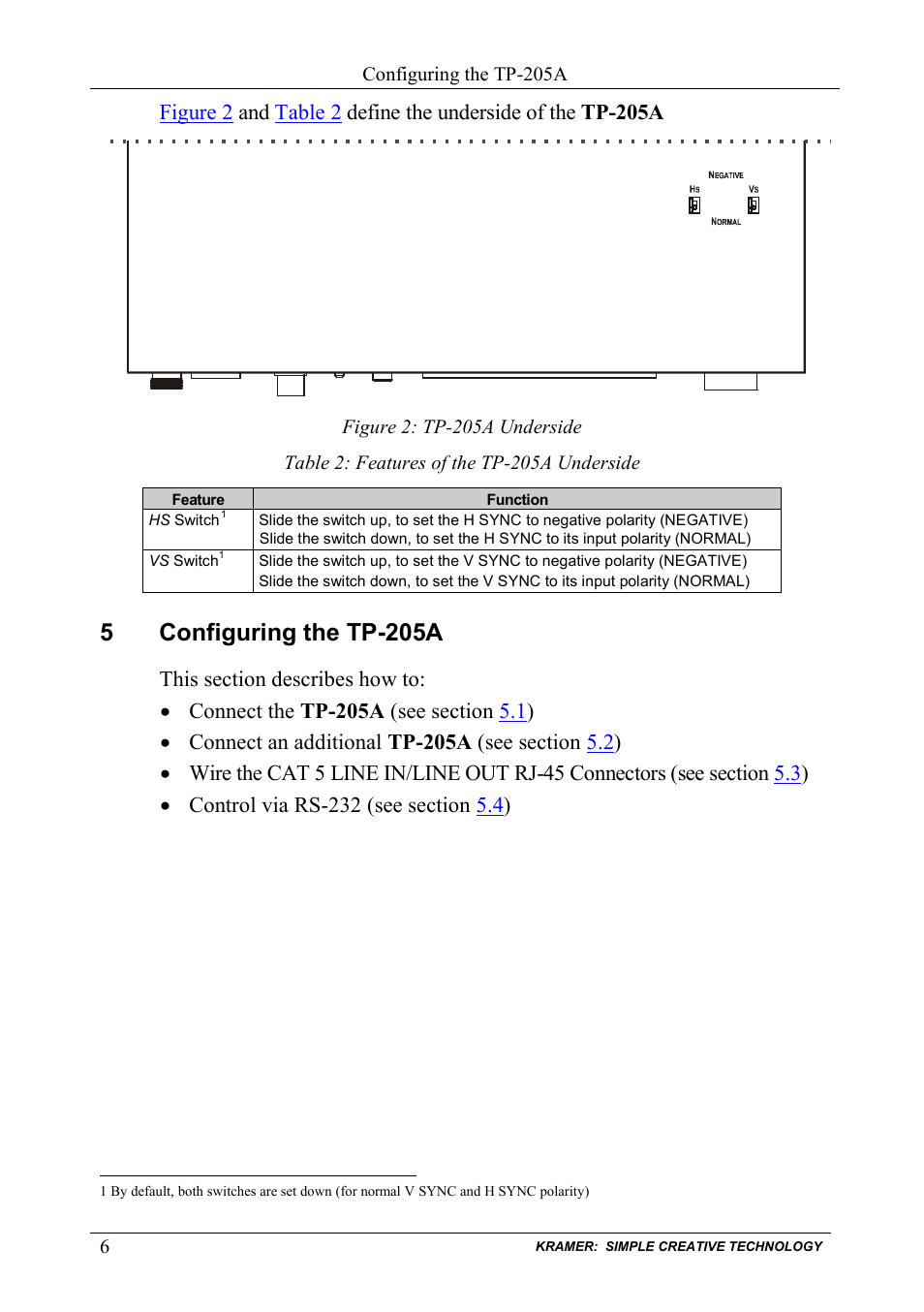 5 configuring the tp-205a, Configuring the tp-205a, Figure 2: tp-205a underside | Table 2: features of the tp-205a underside, 5configuring the tp-205a | Kramer Electronics TP-205A User Manual | Page 8 / 15