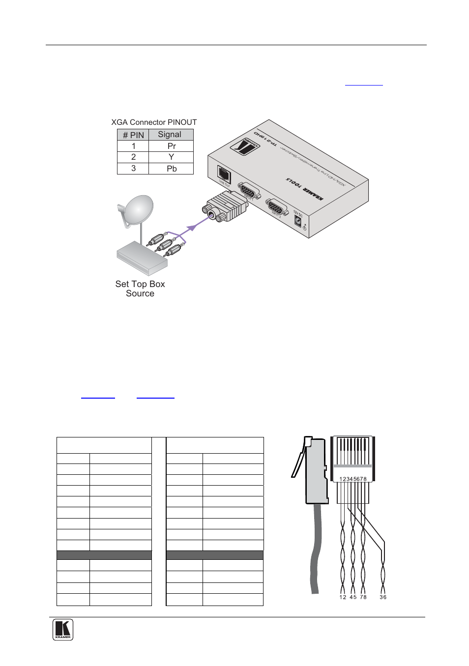 1 connecting an hd system, Connecting an hd system, Figure 6: connecting an hd source | Figure 7: cat 5 pinout, Table 5: cat 5 pinout, Table 5: cat 5 pinout figure 7: cat 5 pinout | Kramer Electronics tp-219hd User Manual | Page 13 / 16